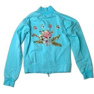Bcbg Max Azria Aloha Zip Jacket Blue Long Sleeve Hibiscus Beaded Hawaii